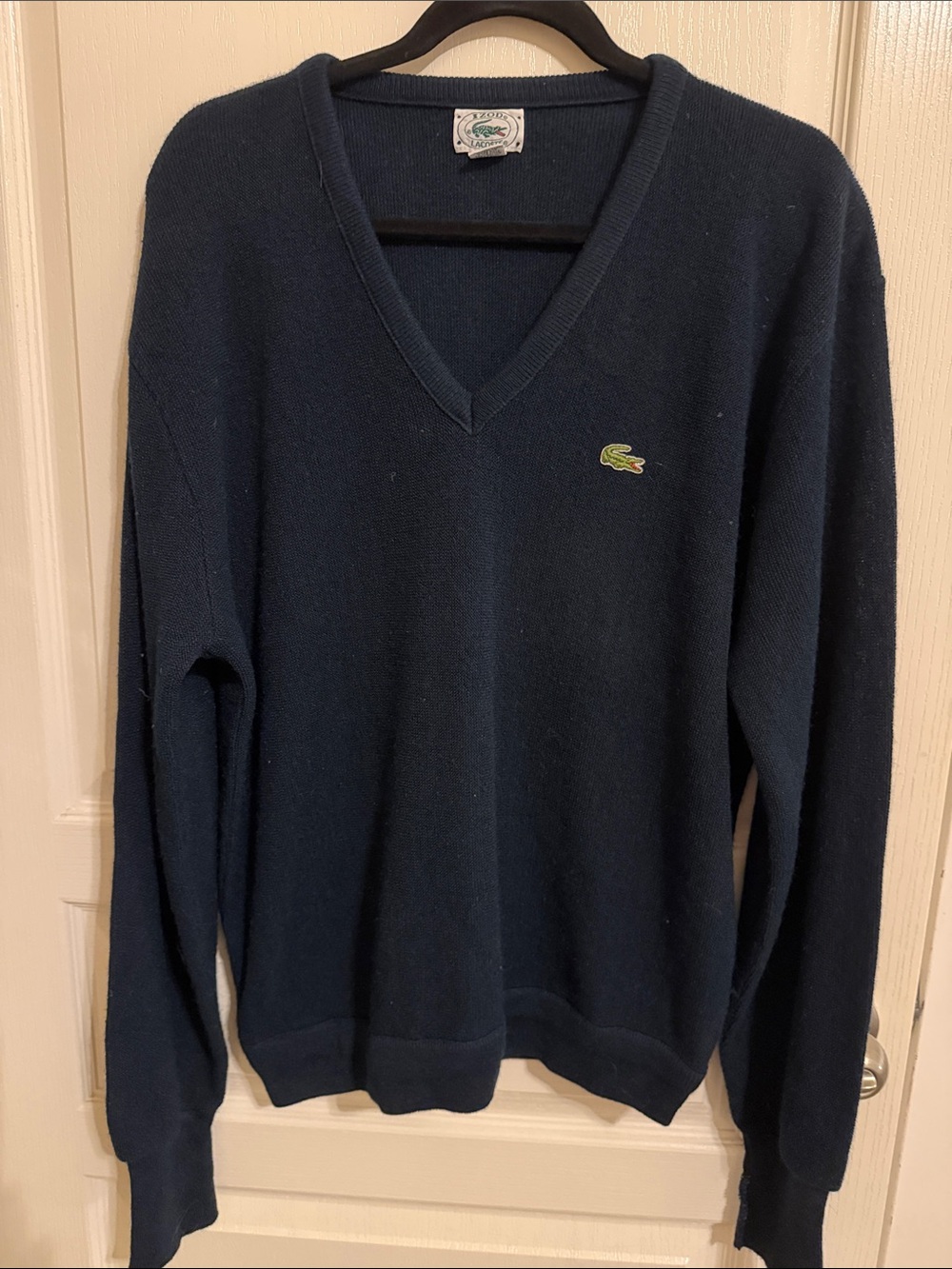 Lacoste Men's Navy V-Neck Sweater with Green Crocodile Emblem